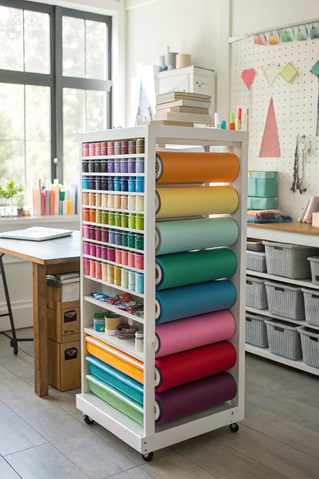 Mobile upright storage units on wheels allow for organized and portable vinyl storage.