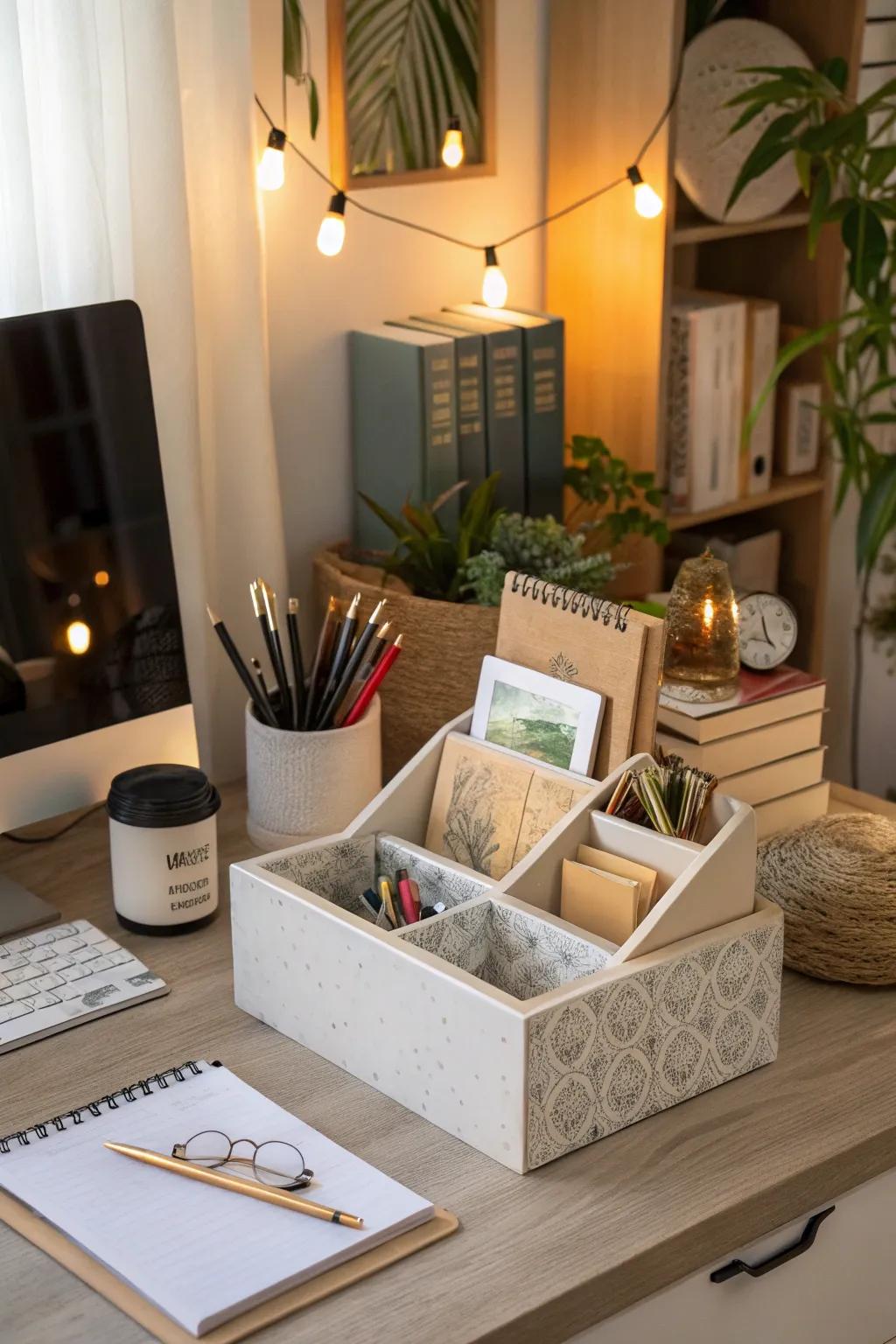 A well-appointed home office featuring elegant organizers, fostering a serene and orderly workspace.