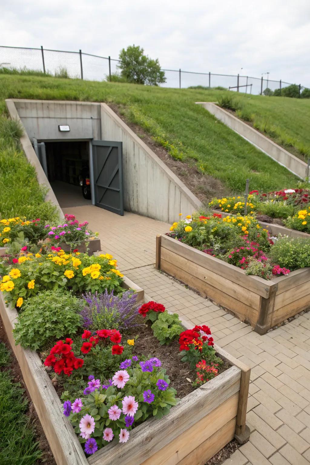 Elevated beds contribute structure and visual interest to the area around your storm shelter.