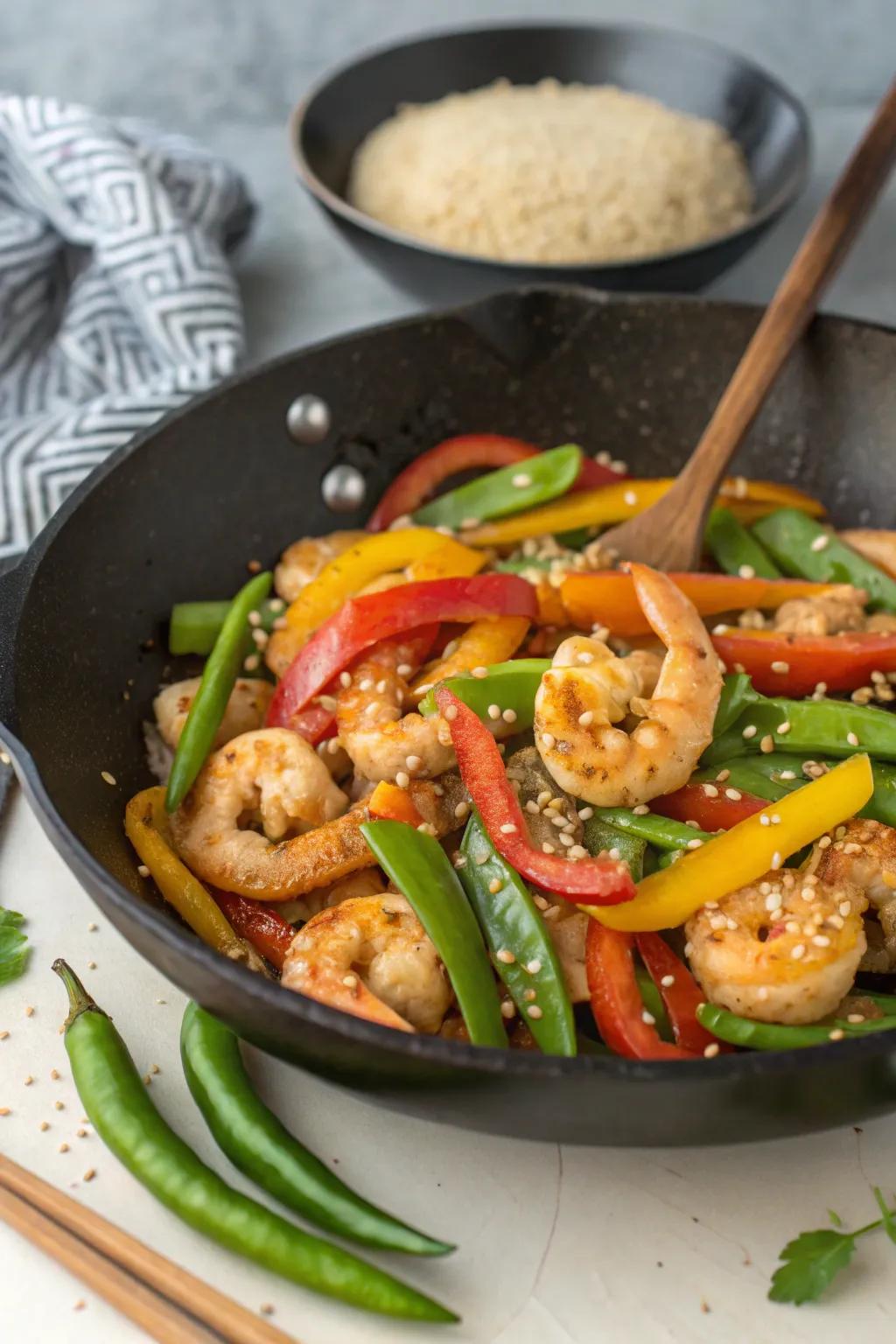 Tangy prawn skillet fry, a swift and vibrant dish.