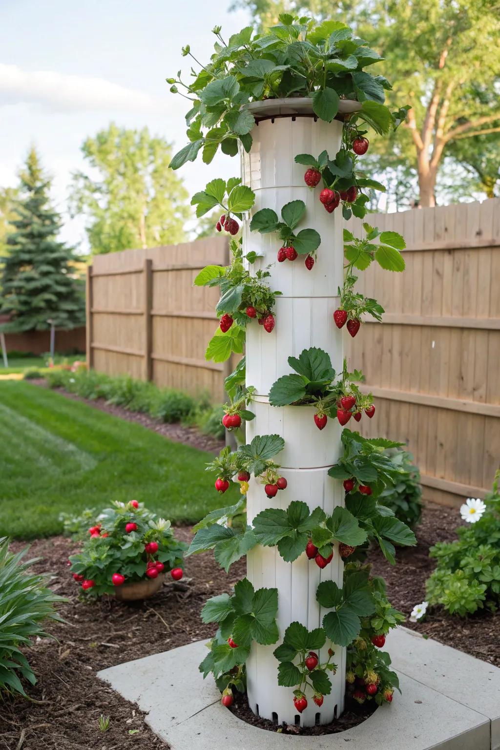 An innovative vertical strawberry tower crafted from polymeric tubing.