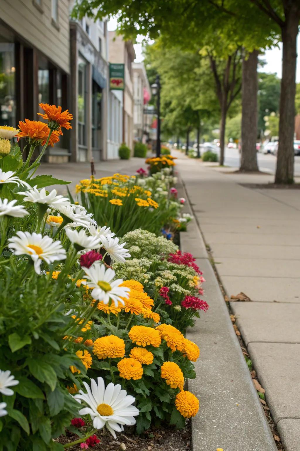 Illuminate your sidewalk with lively flower beds that captivate every passerby.