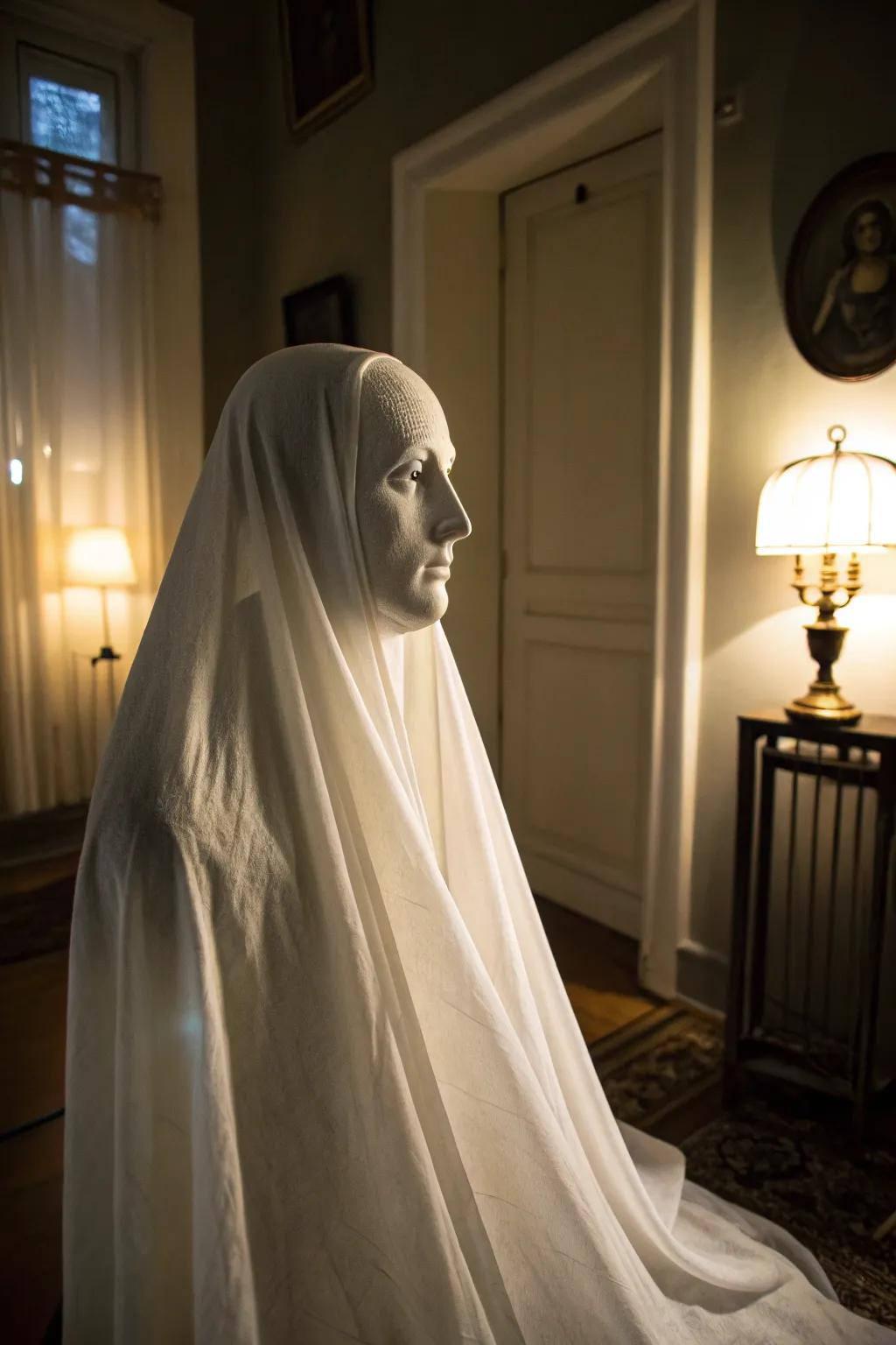 A spectral head shrouded in fabric, ideal for setting a haunting scene.