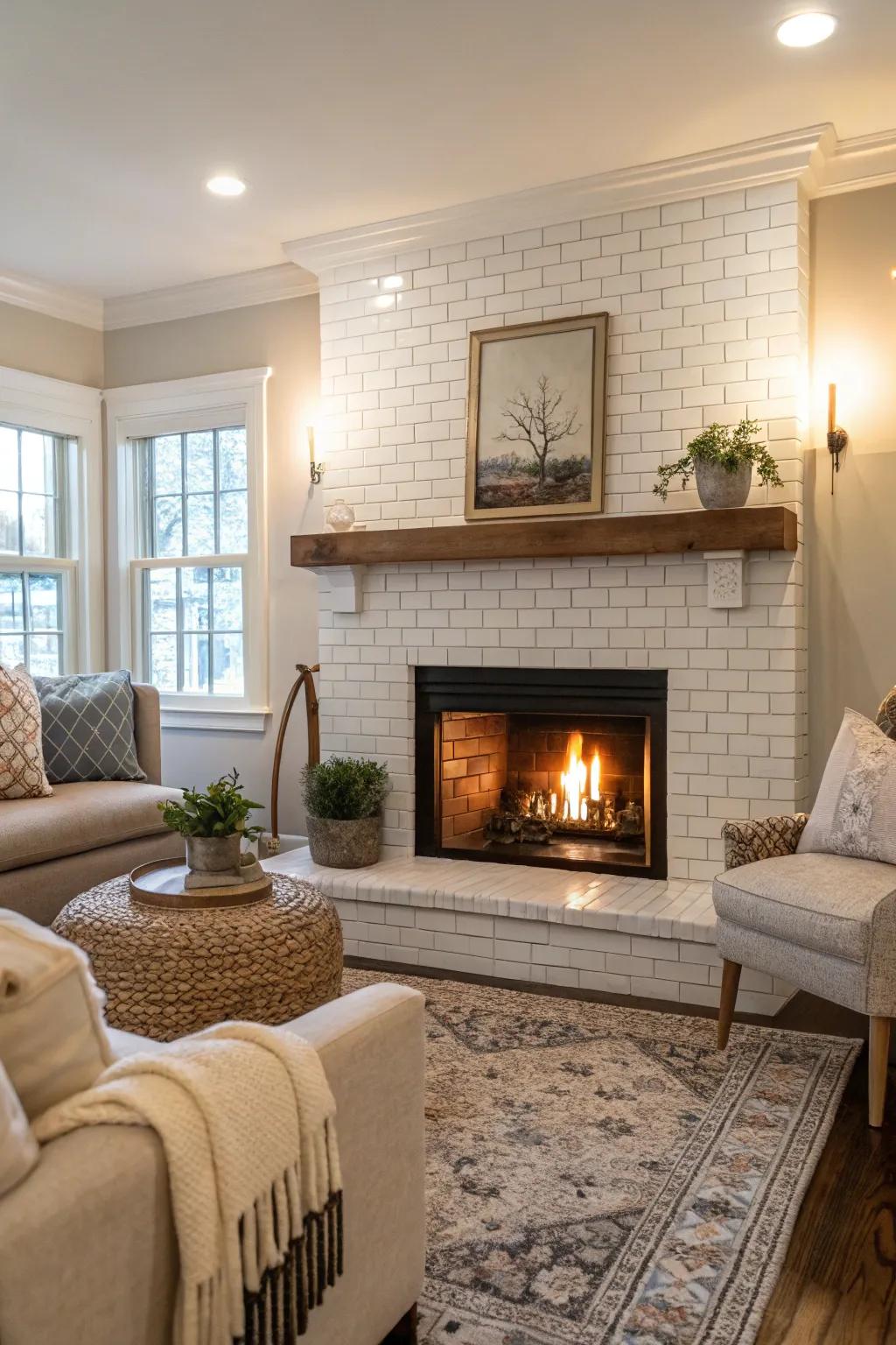 A timeless white rectangle tile fireplace brings enduring elegance to any room.