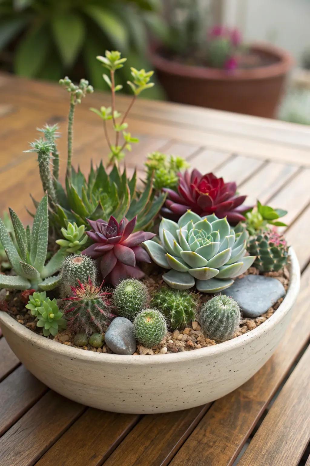 An artful blend of rosette and cascading succulents, accented with small cacti, in a meticulously arranged dish garden.