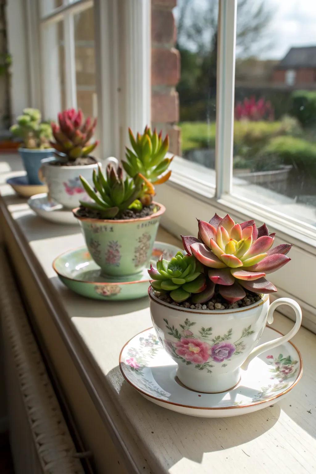 Lovely succulents nestled in antique tea cups illuminate the window sill.