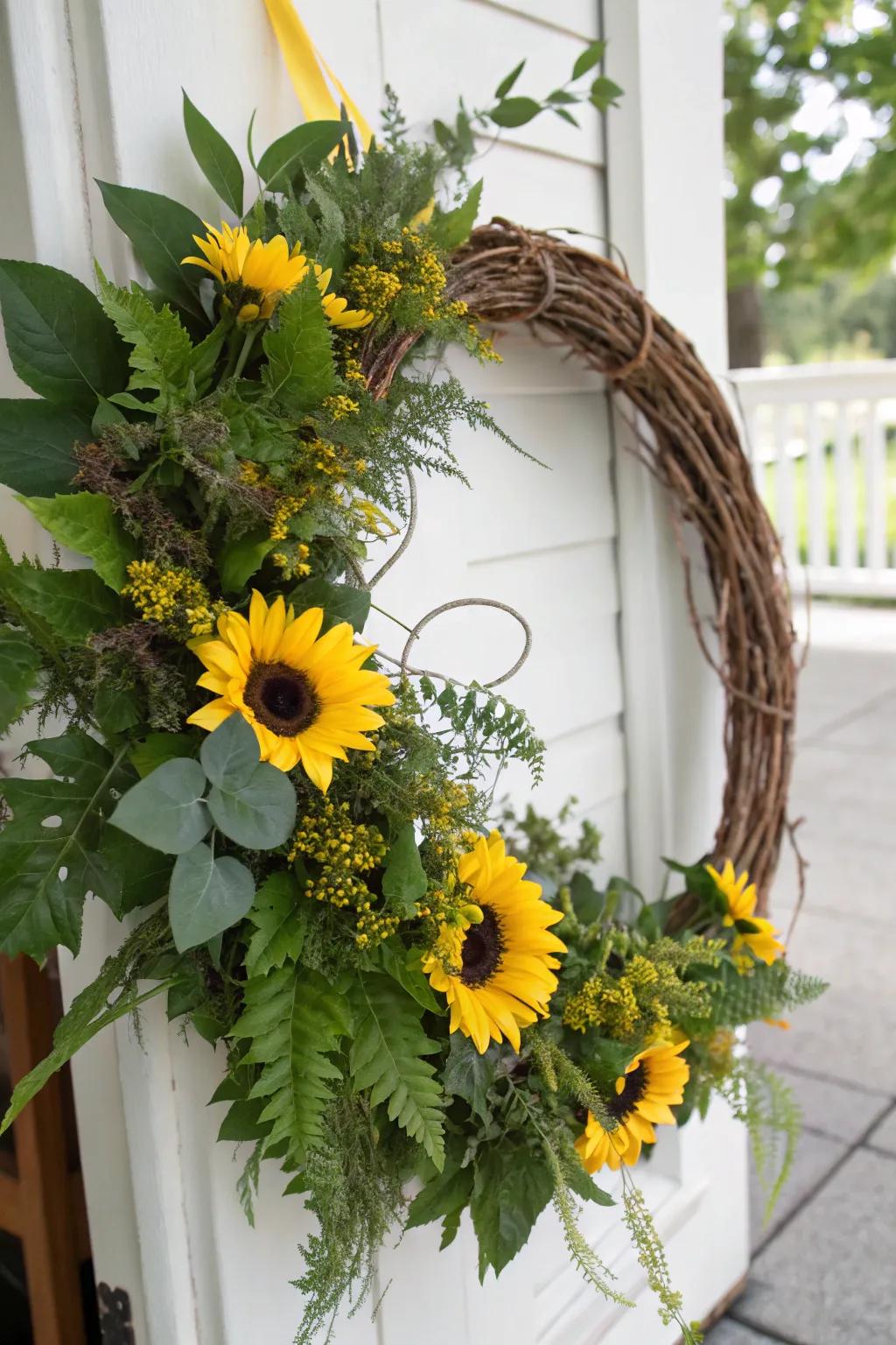 An ageless twig sunflower wreath, ideal for any time of year.