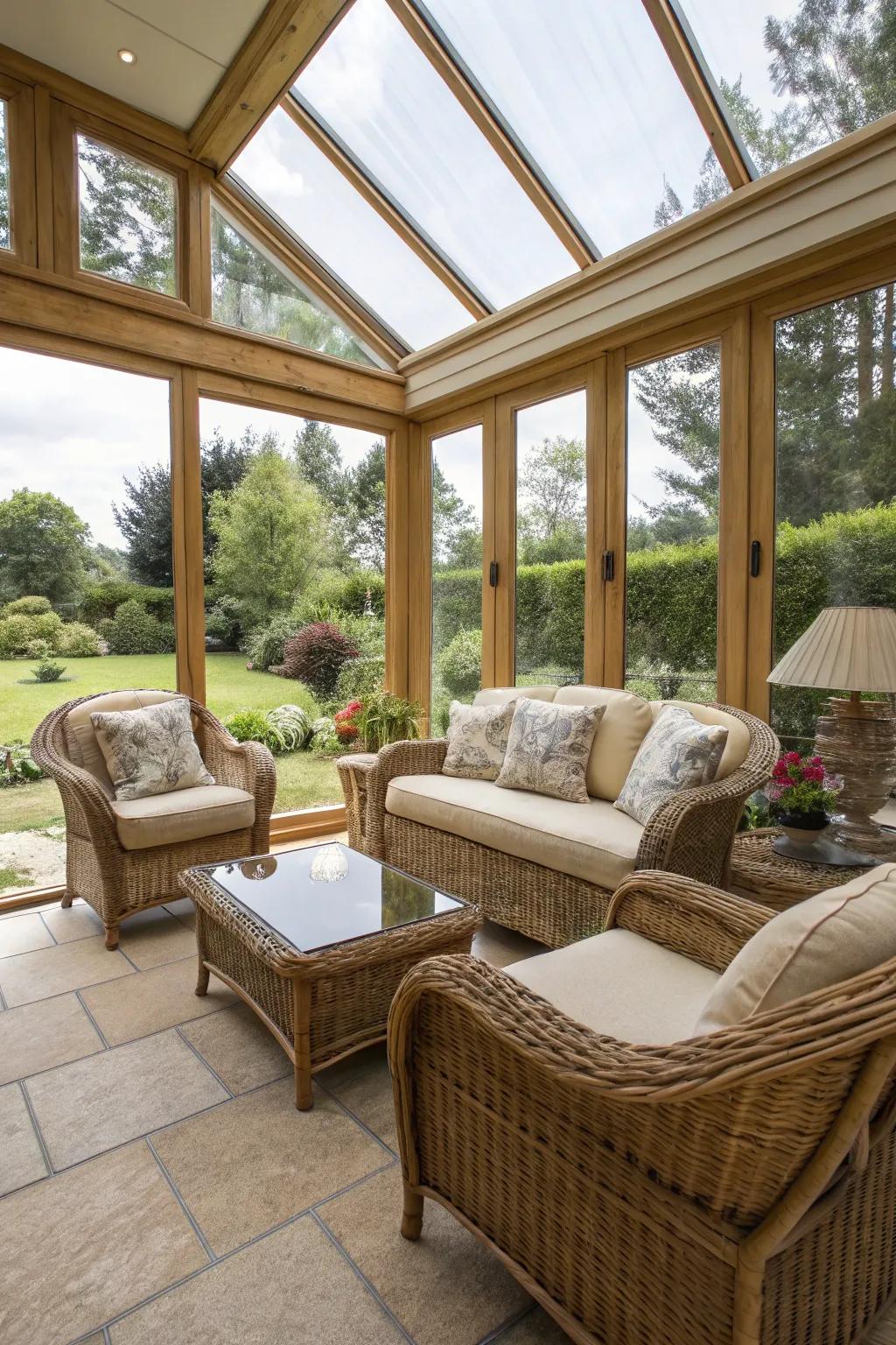 Natural fiber furniture enhances the sunroom's open and airy environment.