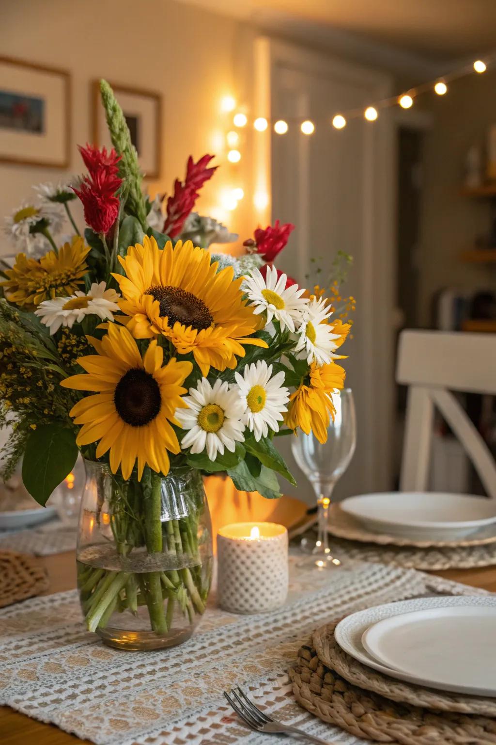 A dining table adorned with a bright and colorful floral arrangement to brighten any meal.