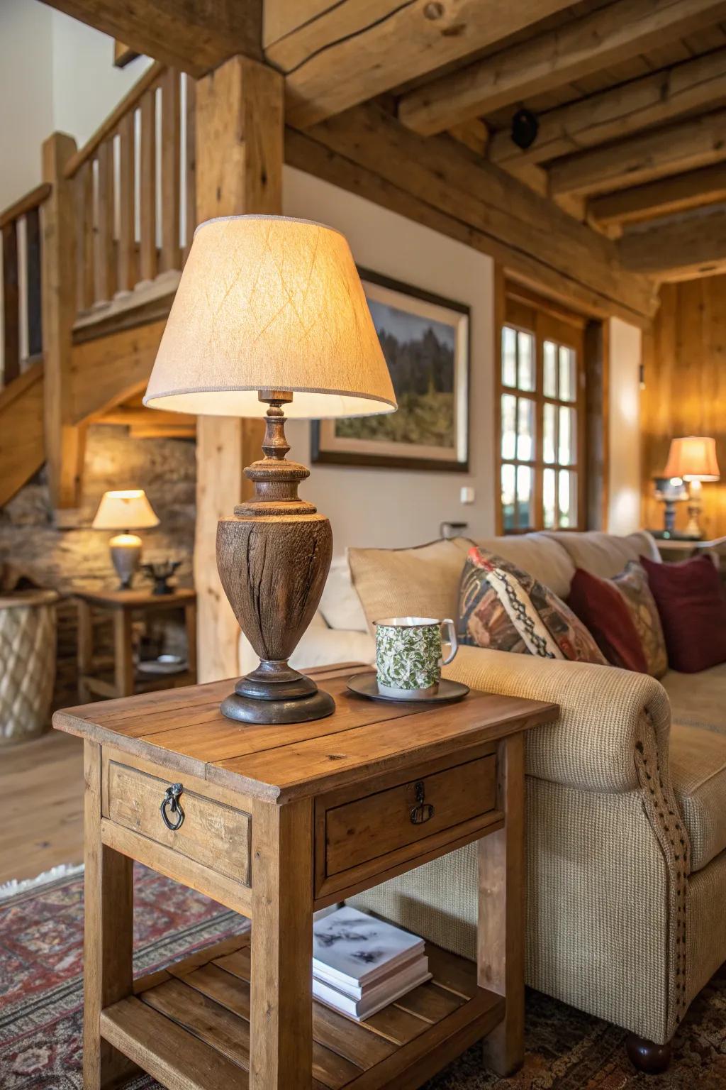 A wooden table lamp radiates rustic charm within a snug living area.