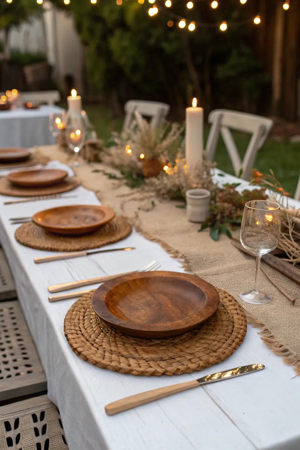 A countryside-inspired dining arrangement showcasing authentic wooden features and hessian textiles.