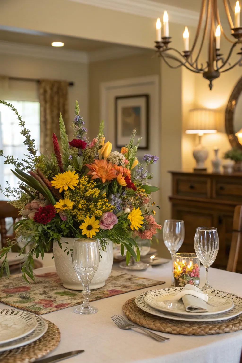 A floral-inspired table arrangement showcasing vibrant wildflowers as a prominent centerpiece.