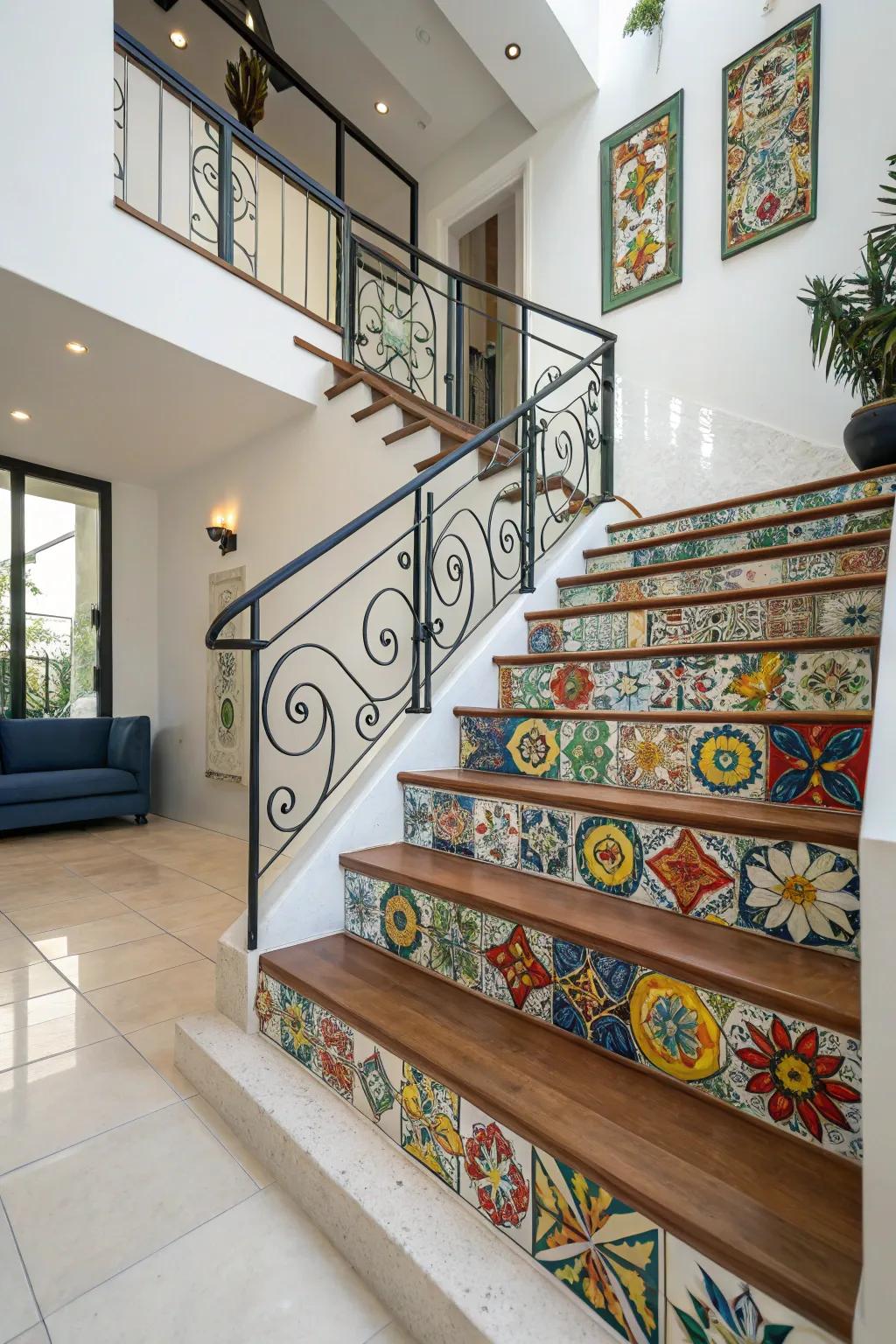 Transform your staircase into a vibrant artwork with Artisan Motif tiles.
