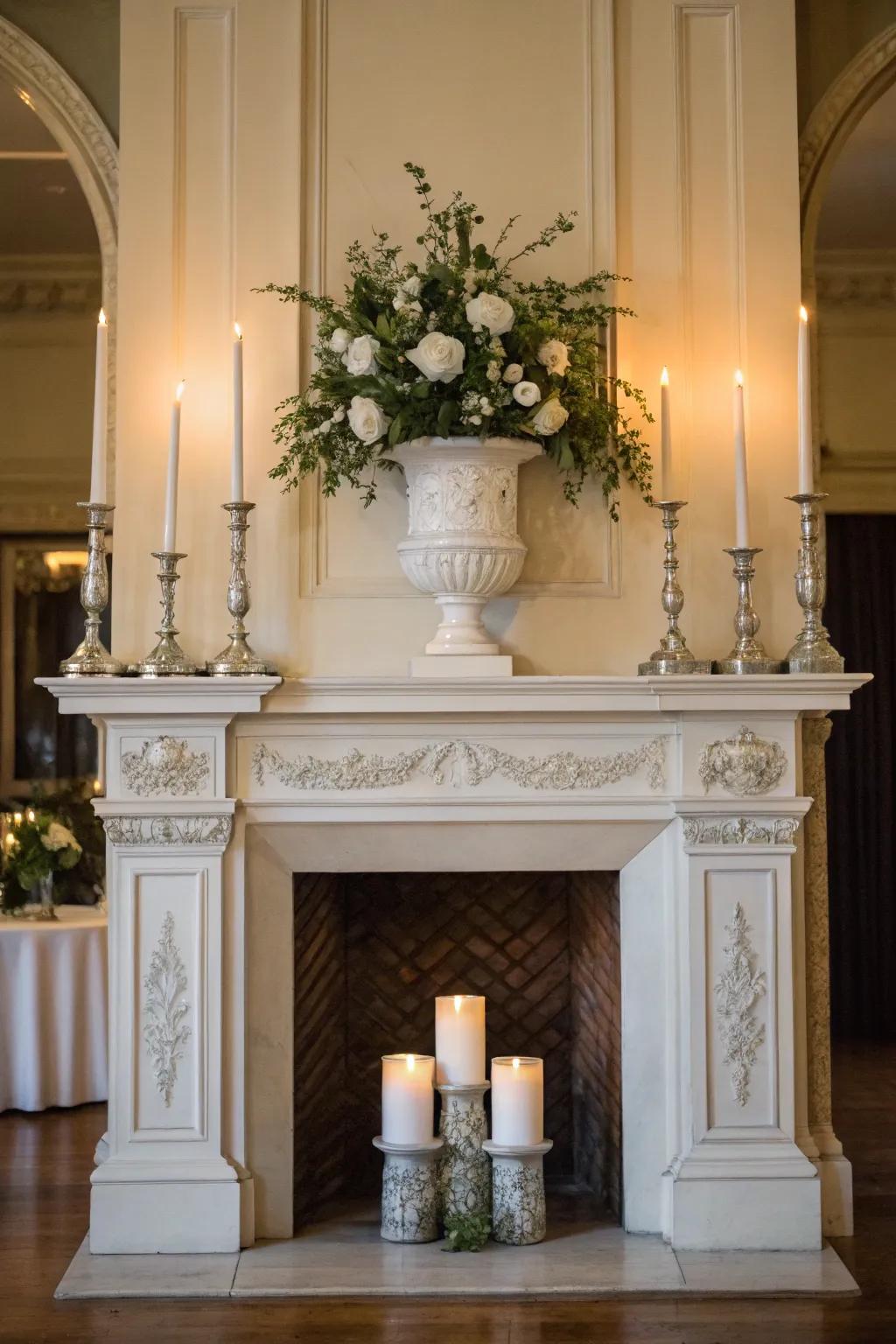 Symmetrical arrangement on a prominent mantel showcasing matching vases and candles for a balanced visual appeal.