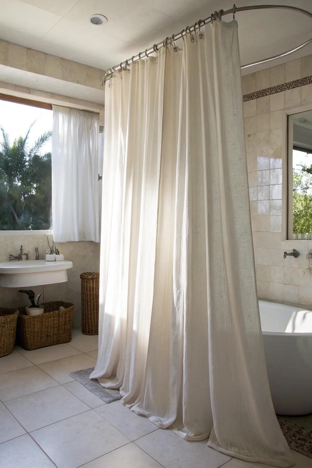 Shower curtains extending from ceiling to floor enhance the elegance and height of your bathroom.
