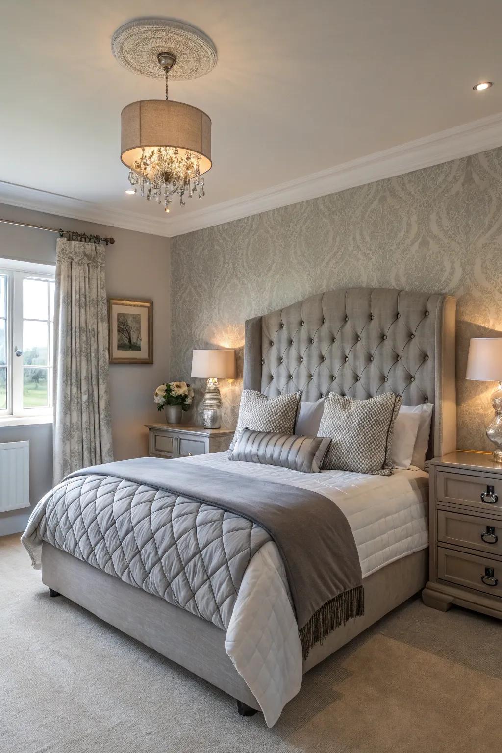A tranquil bedroom showcasing greige walls and grey highlights.