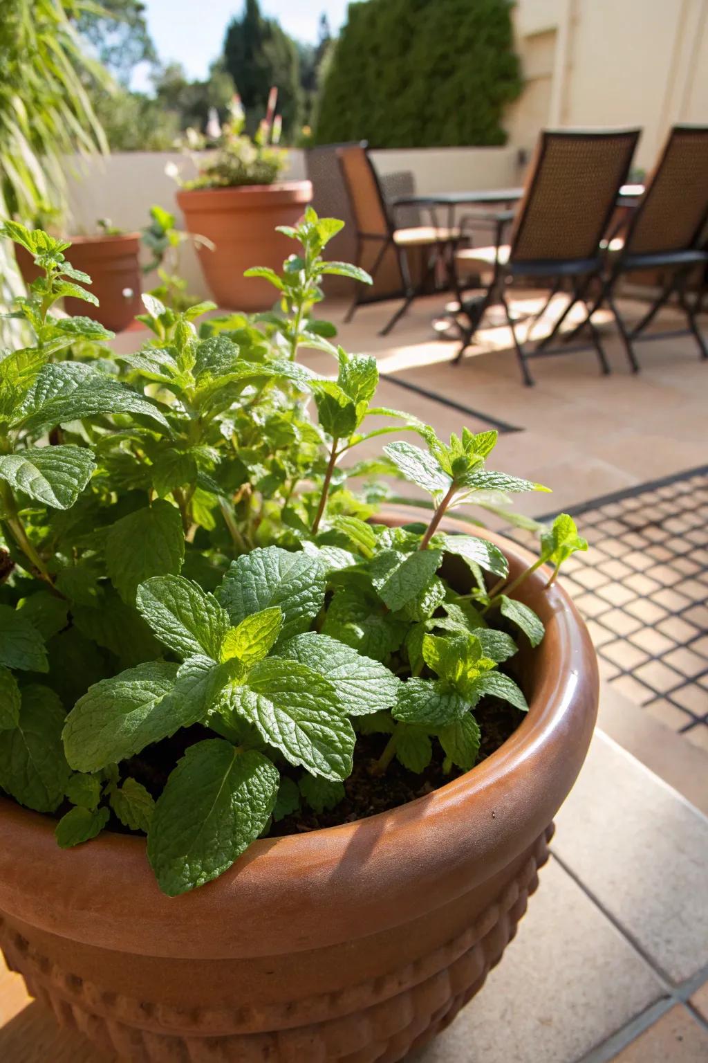 Lush mint leaves in a clay container, set for steeping into a delightful tea.