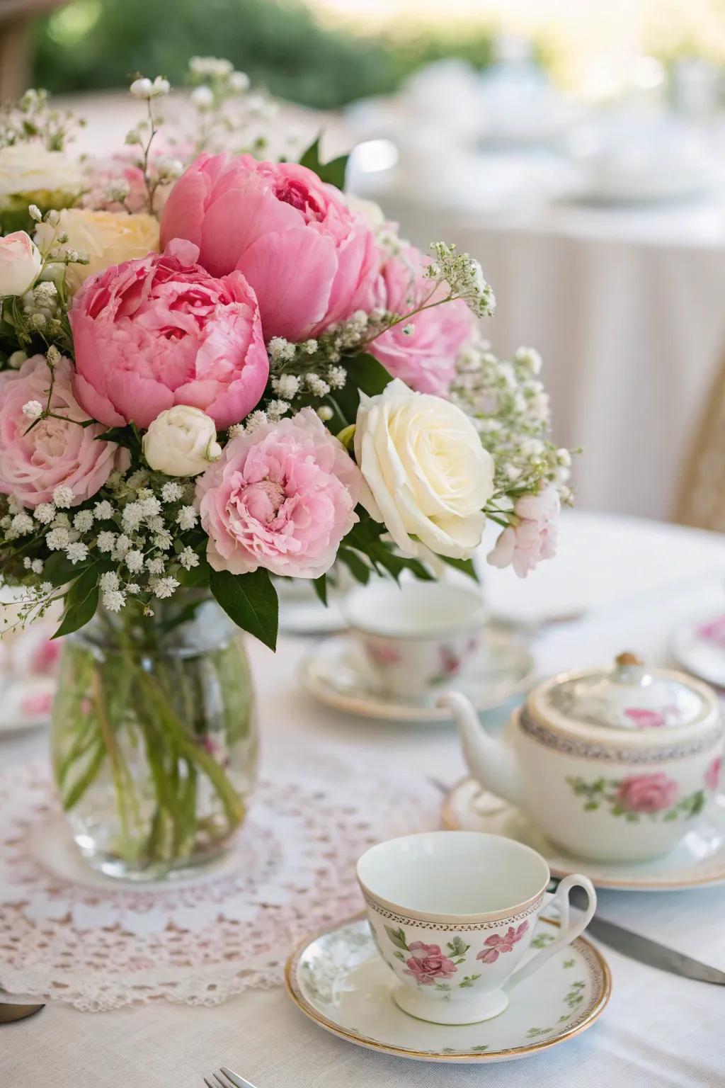 A striking floral centerpiece showcasing pink peonies and pristine white roses.