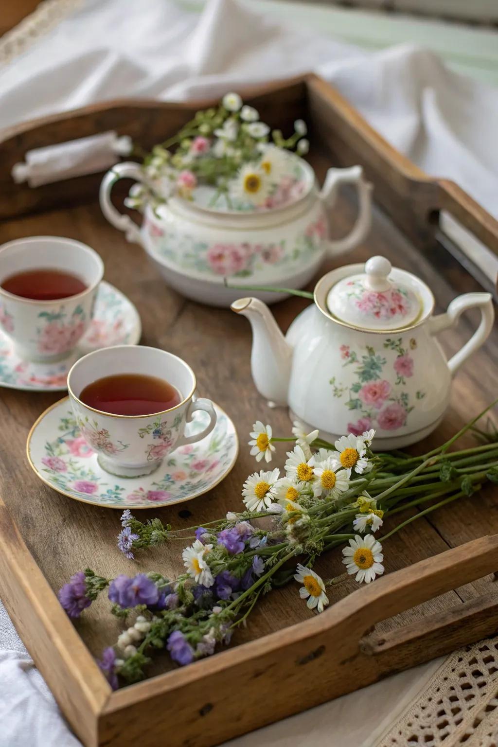 A classic floral tea set showcased elegantly on a rustic tray.