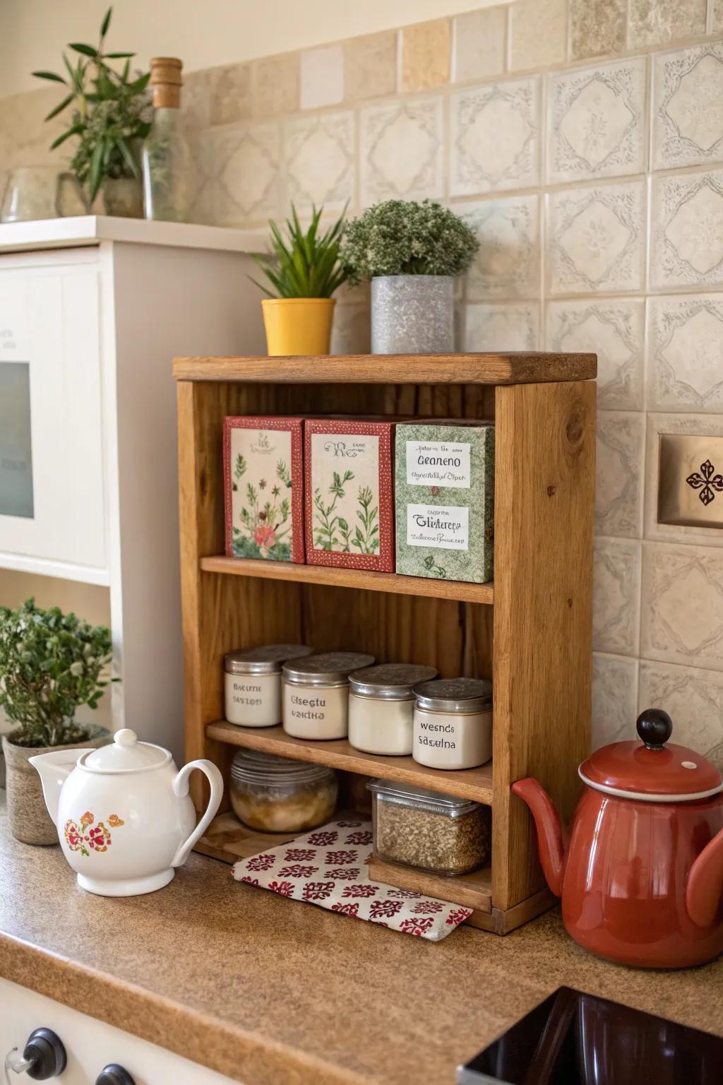 A compact rack designated for tea storage and presentation.
