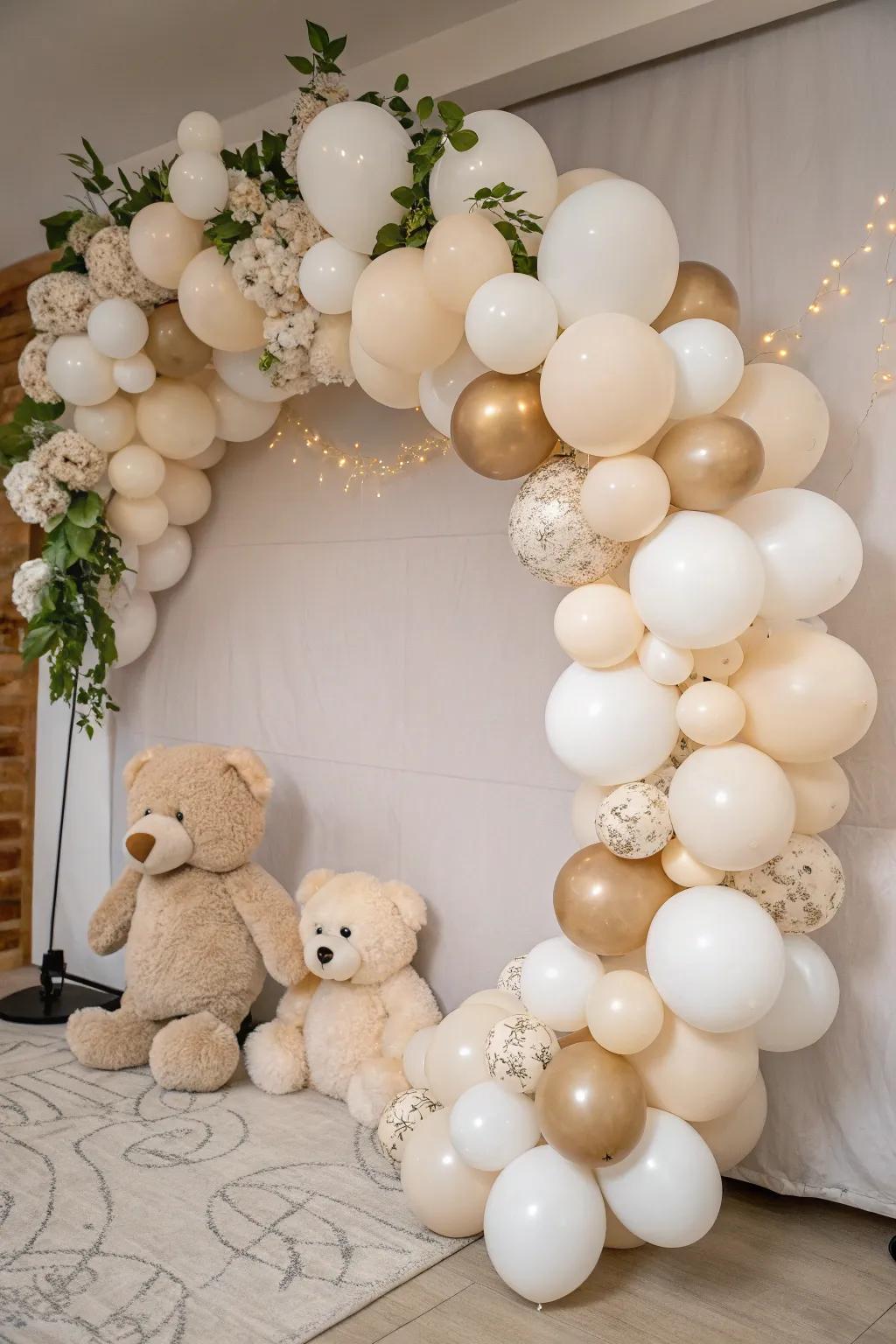 An attractive balloon garland provides a touch of refinement to the teddy bear-inspired gathering.