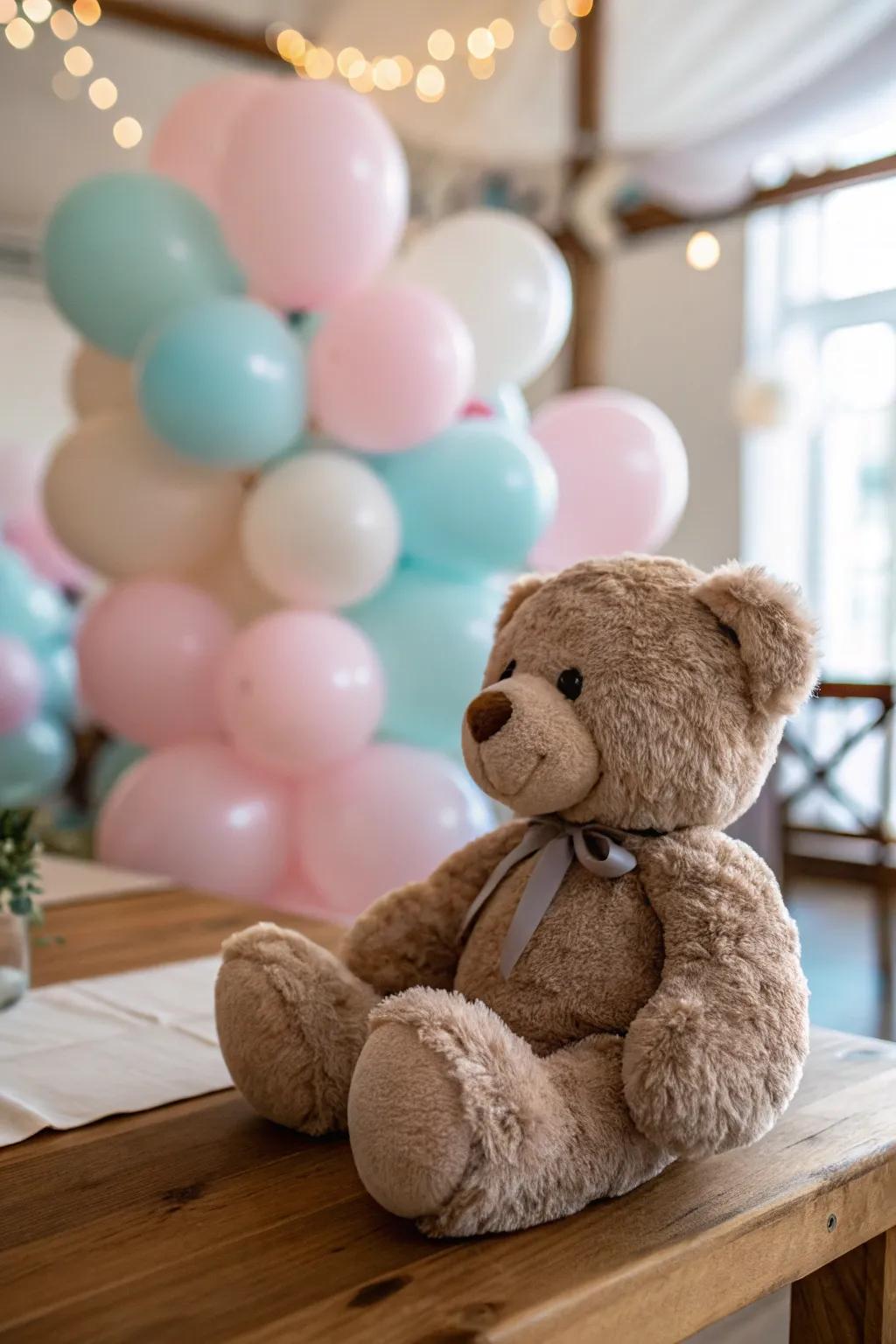 A stuffed bear with pastel balloons creates a delightful centerpiece.