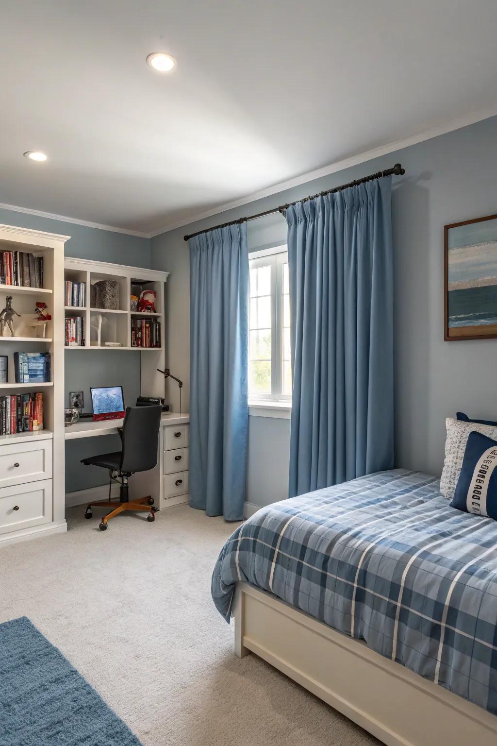 Curtains mirroring wall colors fashion a unified design.