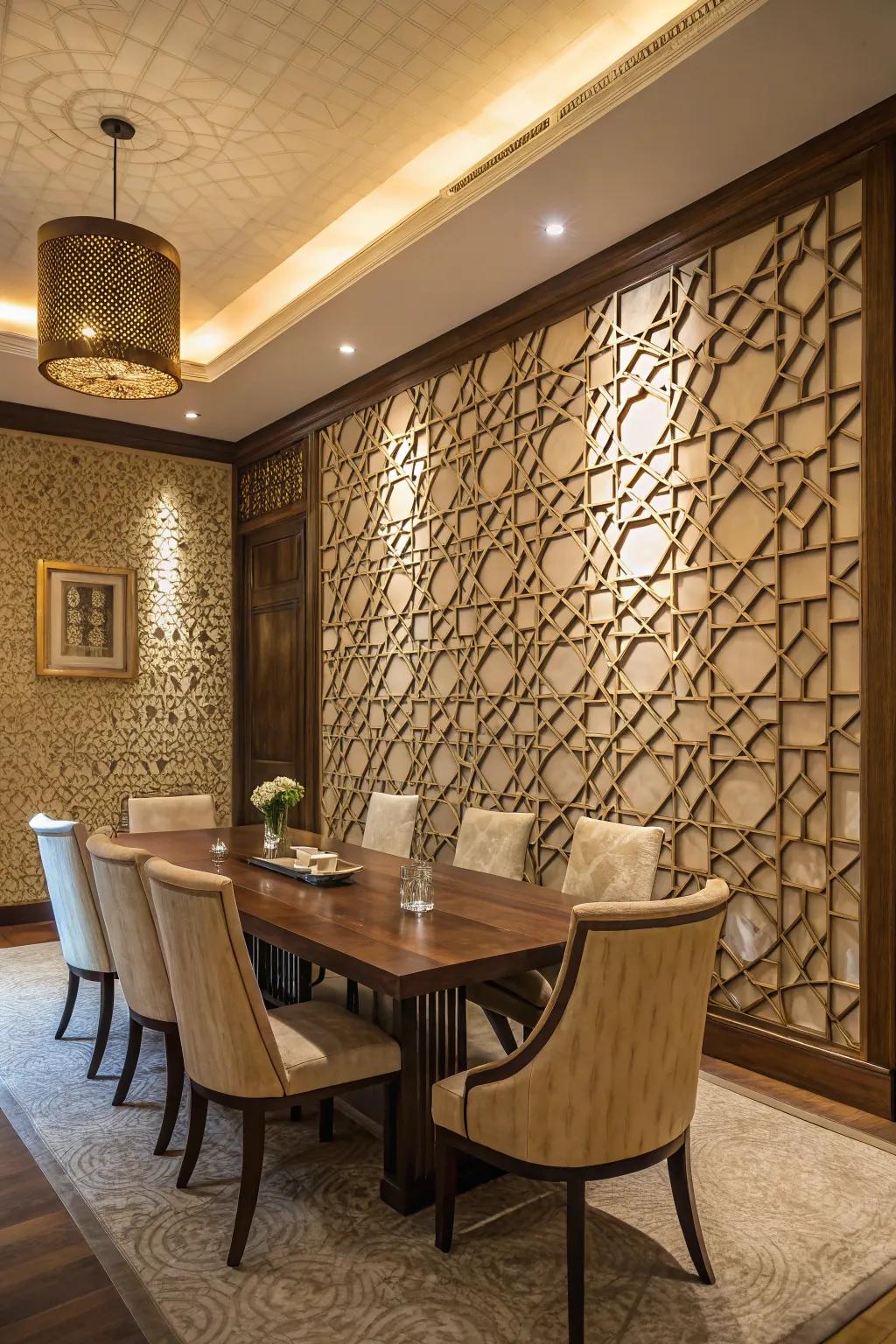 A dining room elevated by a daring geometric pattern textured wall.