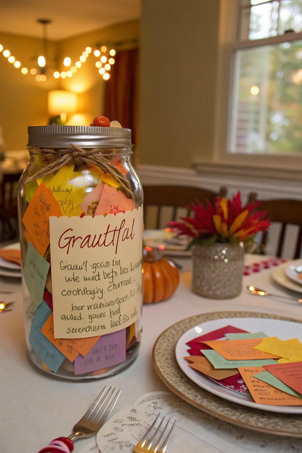 A gratitude vessel encircled by vivid notes, ideal for Thanksgiving contemplation.