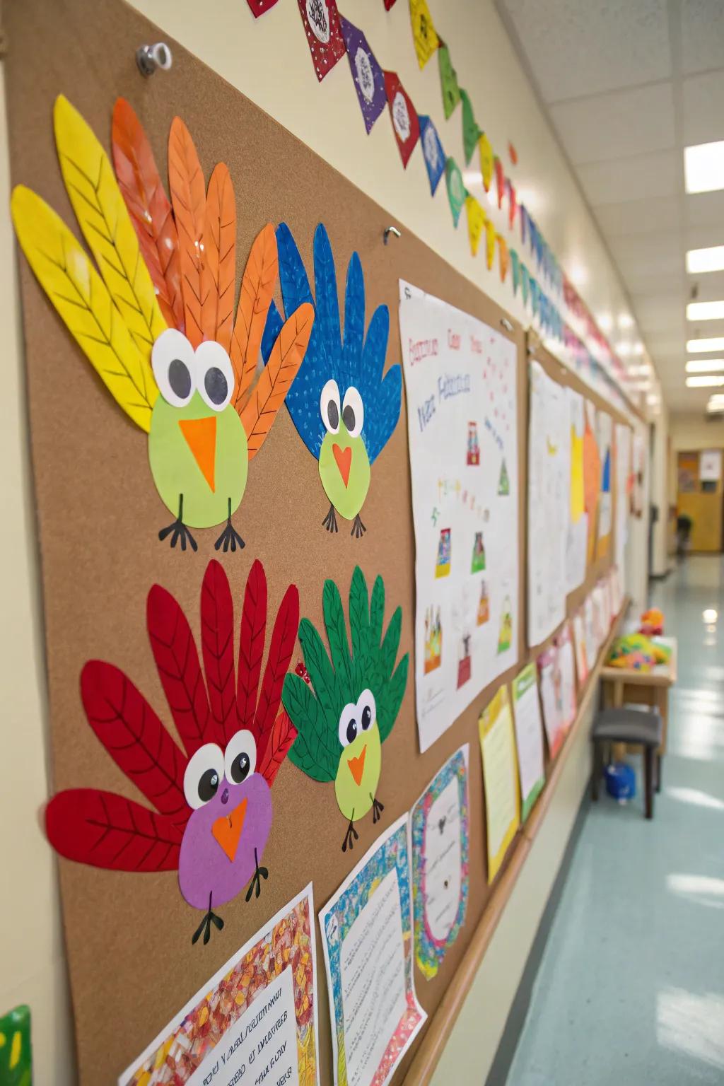 A delightful assortment of handprint turkeys crafted by preschoolers.