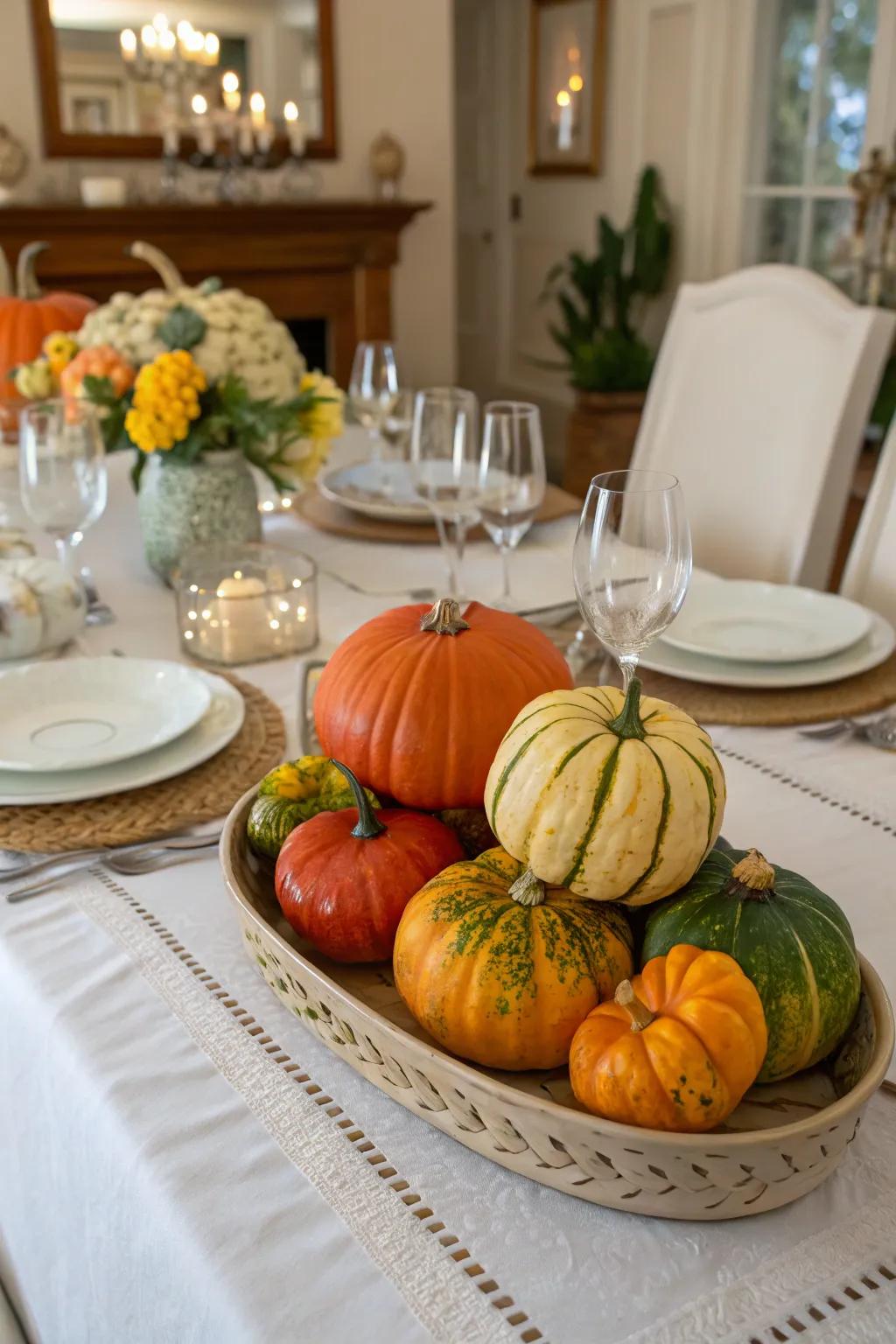 An amalgamation of ivory and amber gourds results in an exquisite table accent.