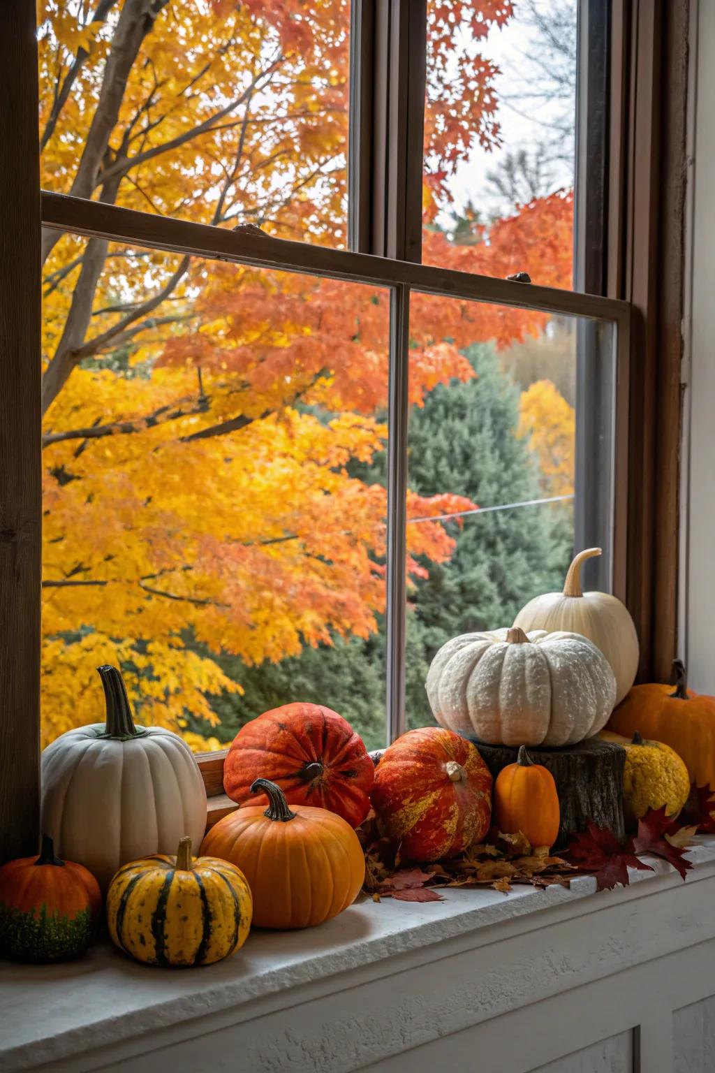A mantel that features an interesting array of painted and unpainted pumpkins.