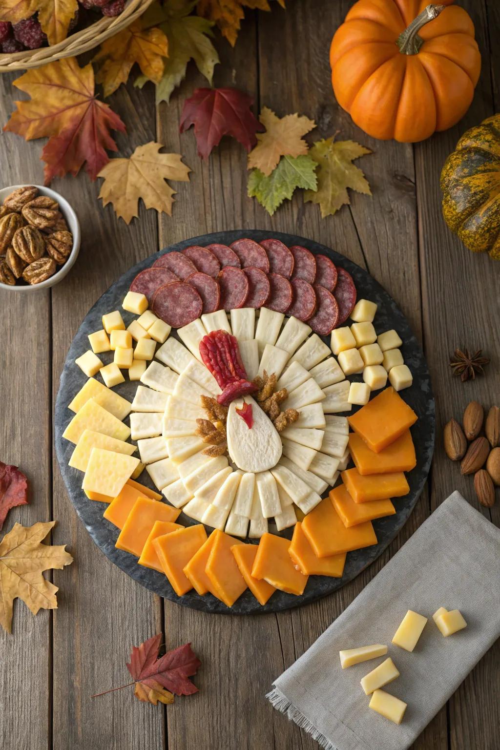 A turkey-shaped cheese platter designed for your Thanksgiving gathering.