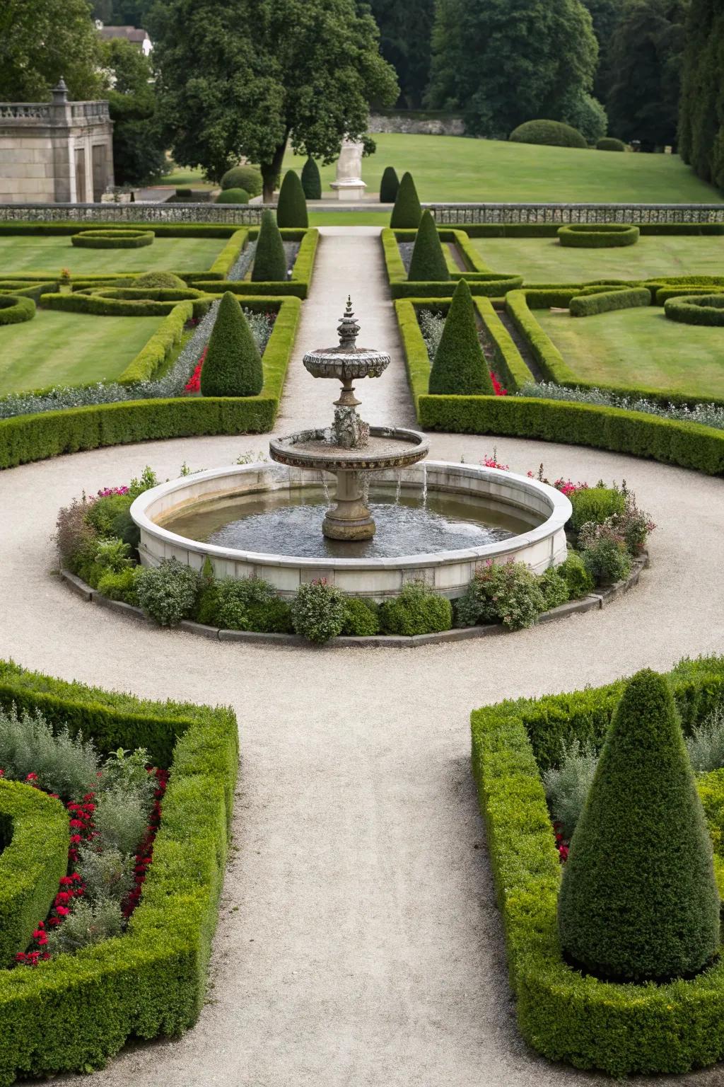 A formal garden showcasing perfectly aligned hedges and a traditional stone fountain.