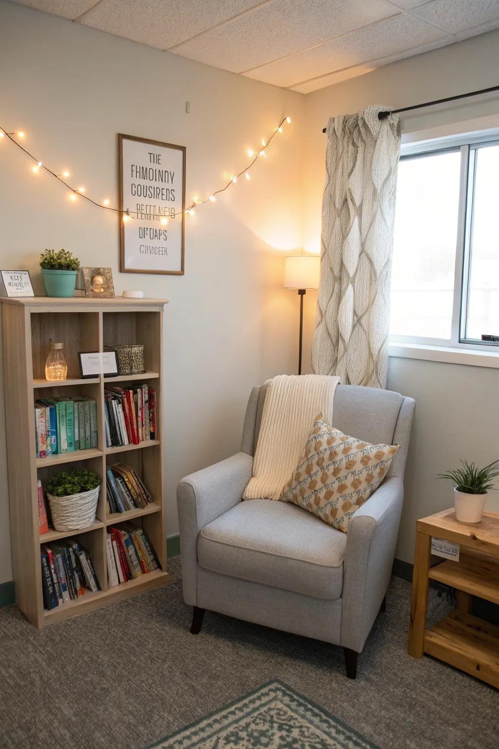 A reading nook designed for comfort and peacefulness.