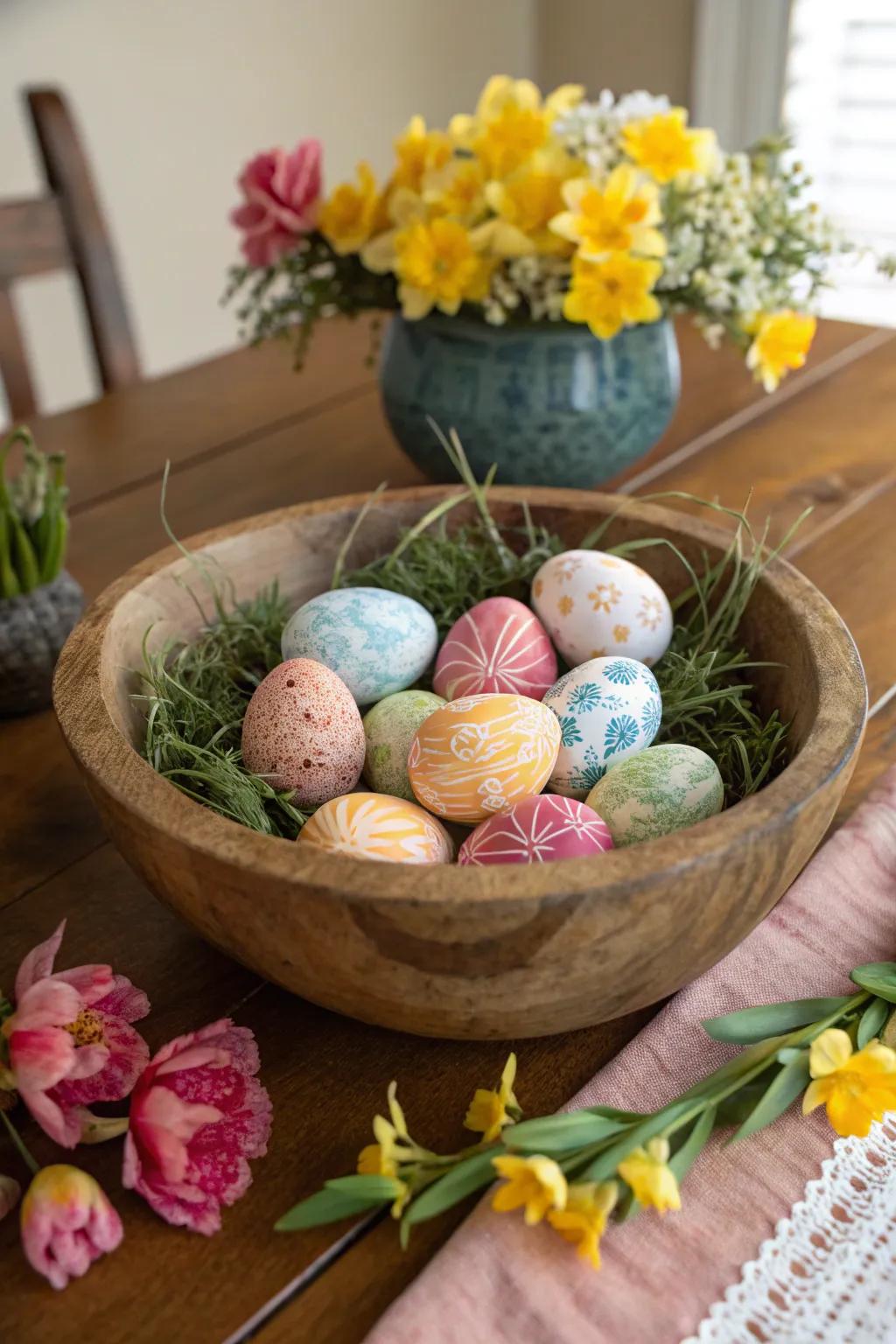 A vibrant showcase of naturally colored Easter eggs.