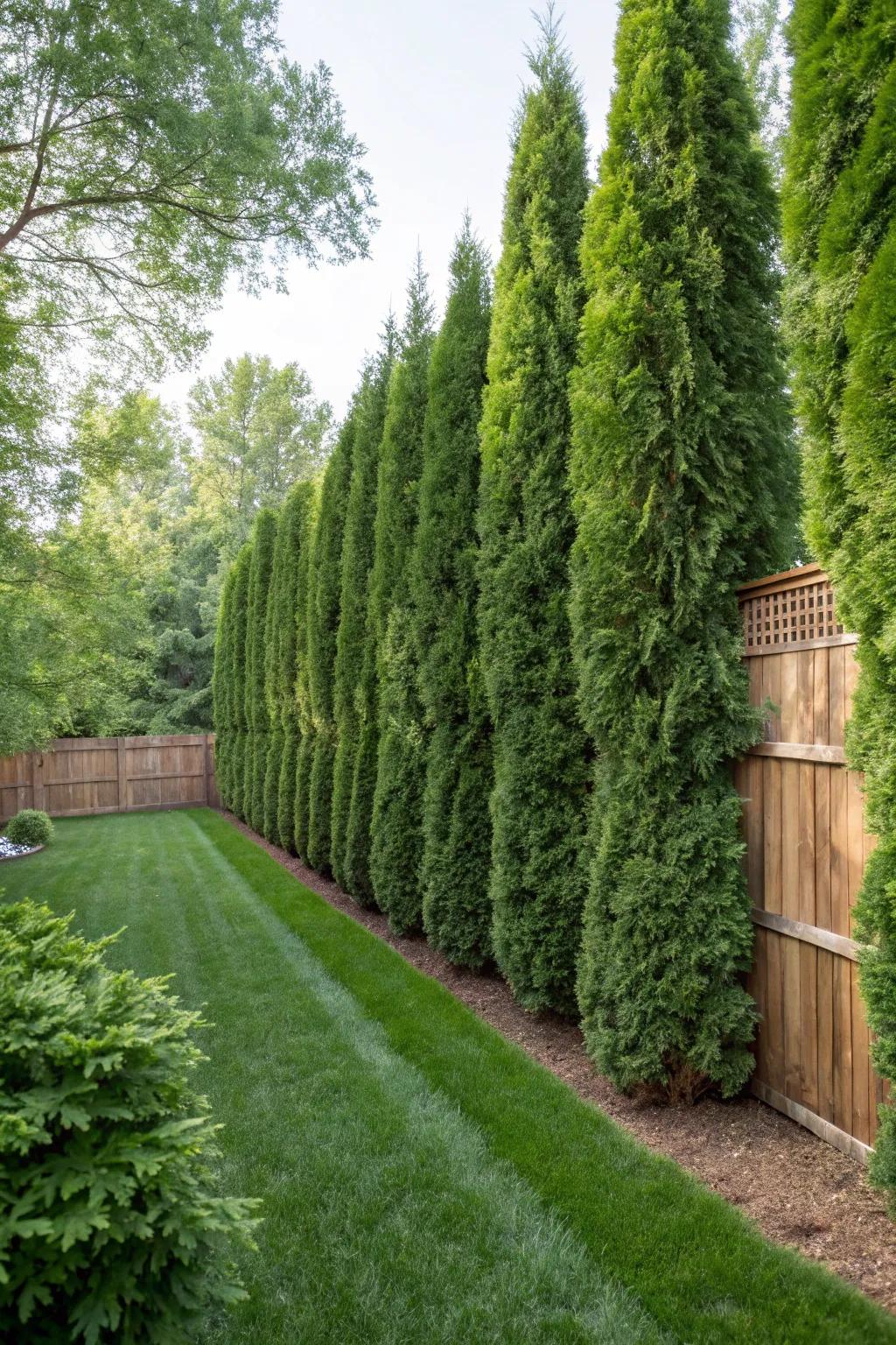 Attain ultimate privacy with a border of Emerald Arborvitae trees encircling your garden.