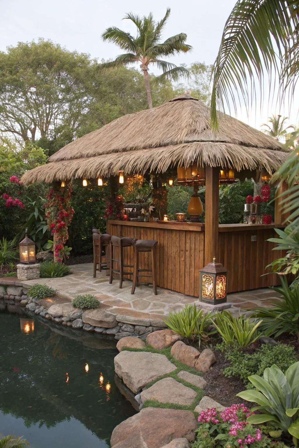 A traditional thatched roof bestows your tiki bar with a genuine tropical ambiance.