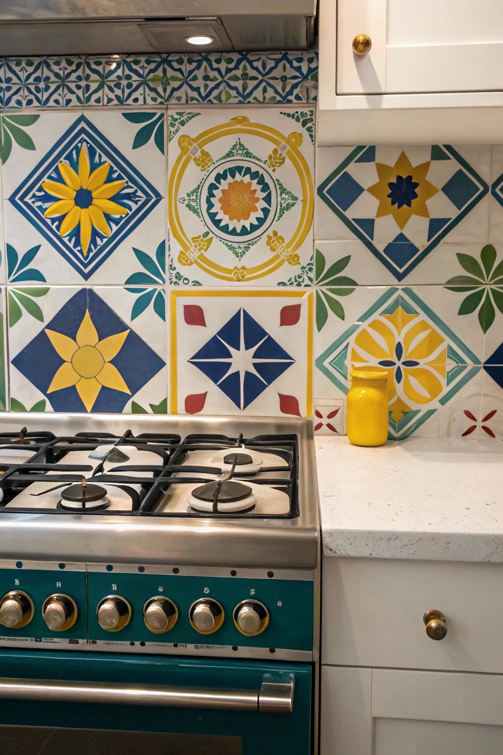 Striking geometric expressions create a strong visual behind the cooking area.