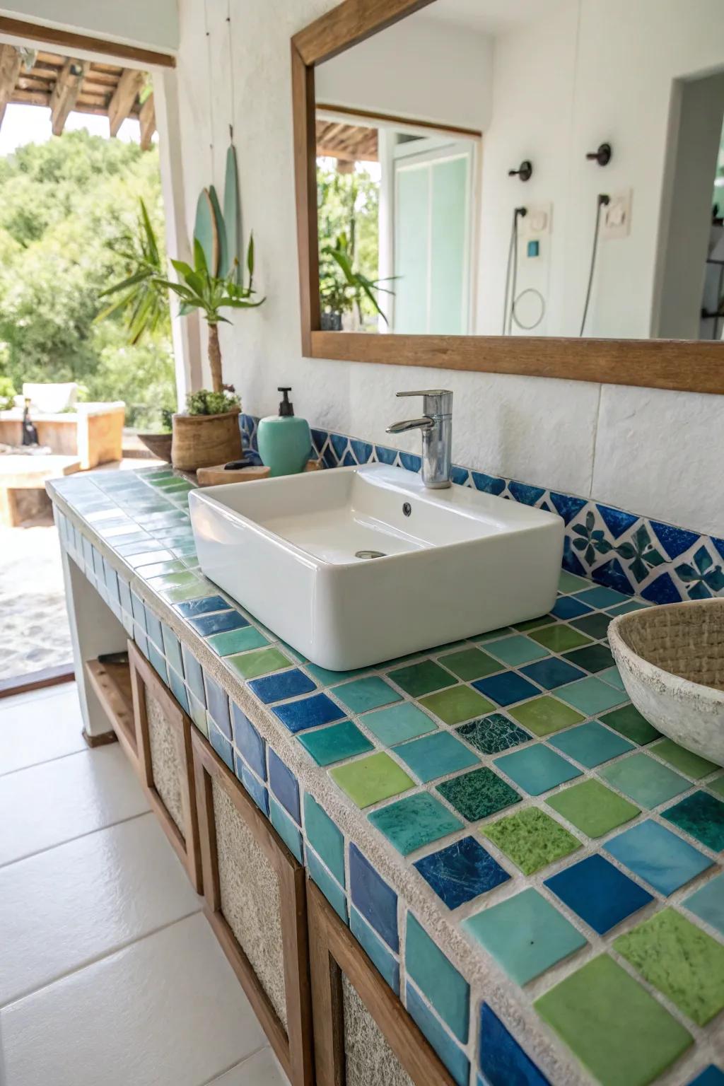 A lively burst of color with dynamic blue and green tiles.