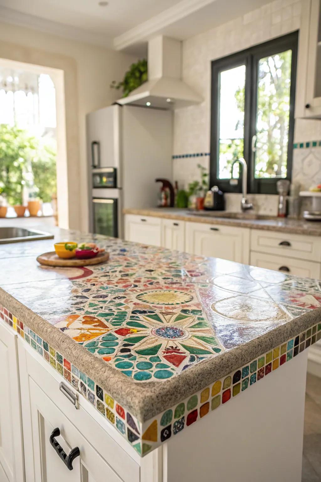 Mosaic tiling provides an artistic impression to this radiant cooking space.