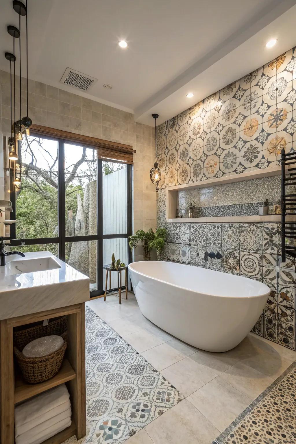 Craft a spa-like sanctuary with a freestanding tub and sophisticated tiles.