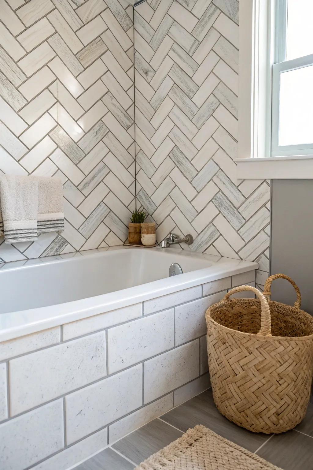 Enhance your bathroom through the enduring beauty of a herringbone pattern. #ScandiBohoBeauty #BathroomRetreat