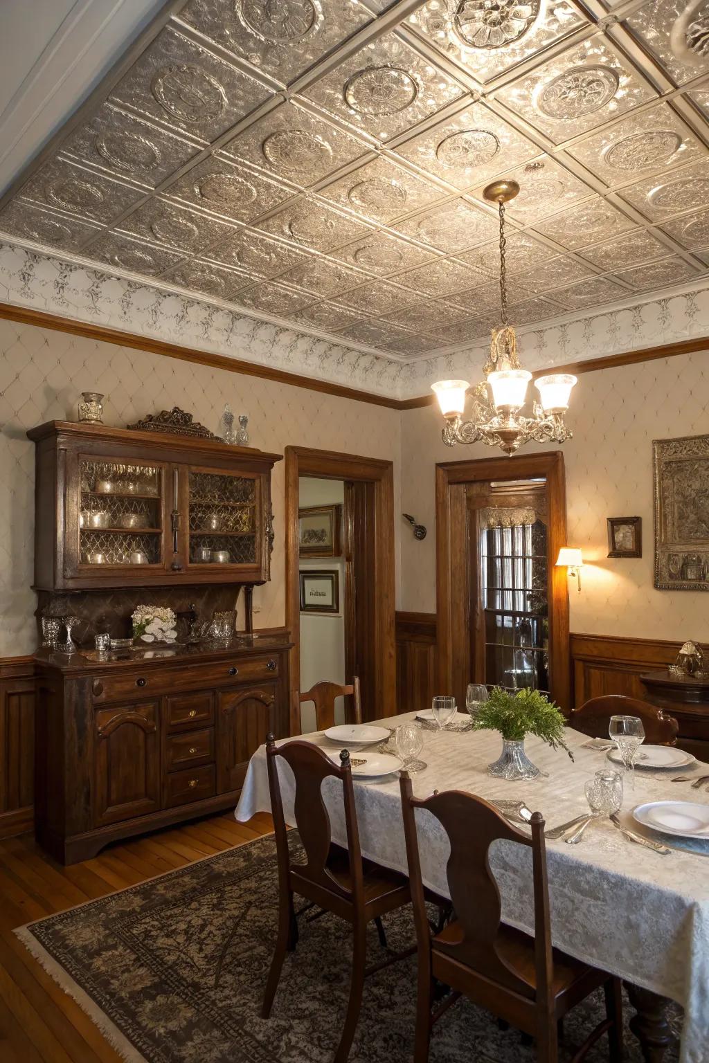 A dining room brought to life with a classic tin ceiling.