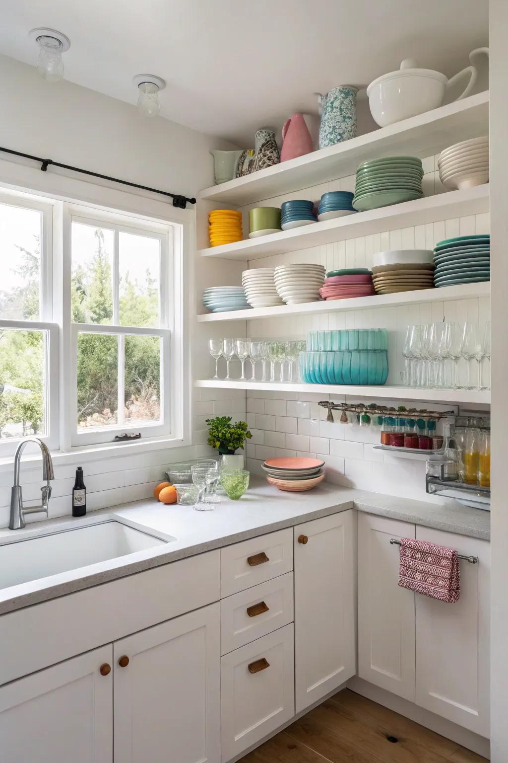 Open shelves instill an ambiance of openness and sophistication into a modest kitchen.