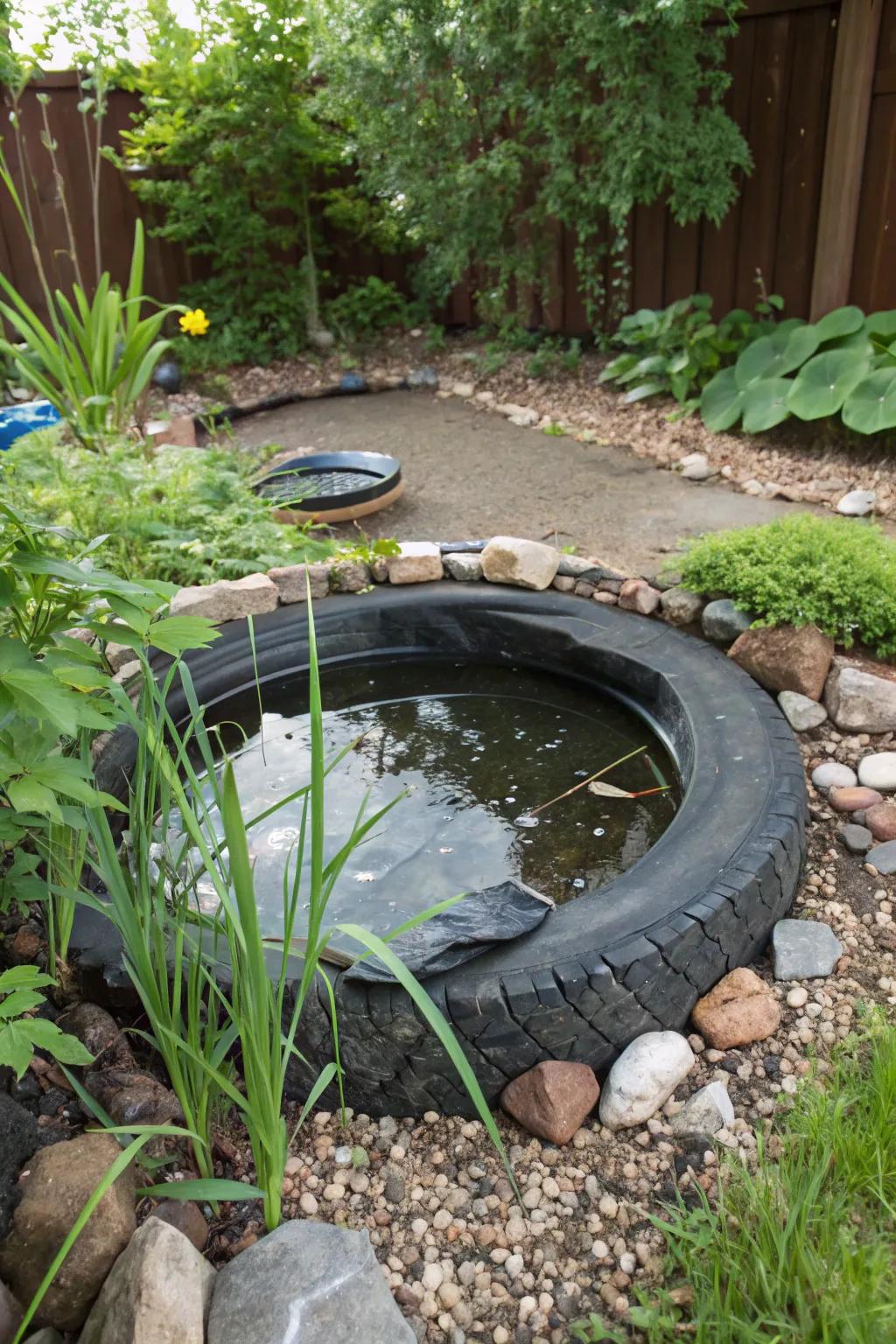 A straightforward yet refined tire water feature enhanced with a plastic enclosure.