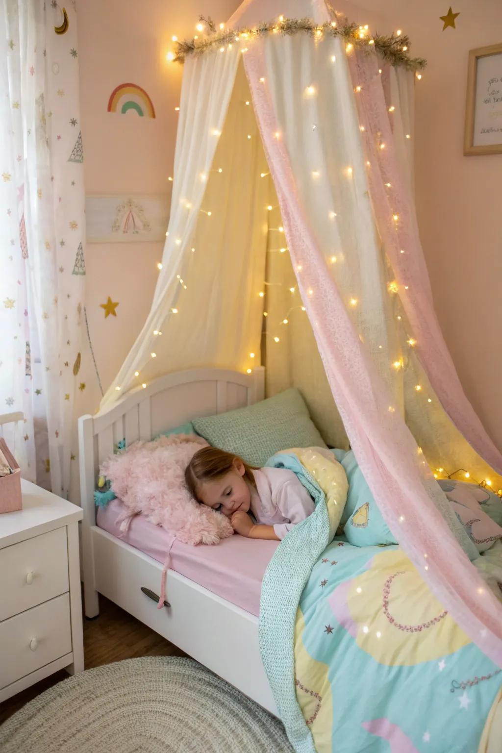 A dreamy fabric bed with decorative lights develops a best magical hideaway for your little girl.