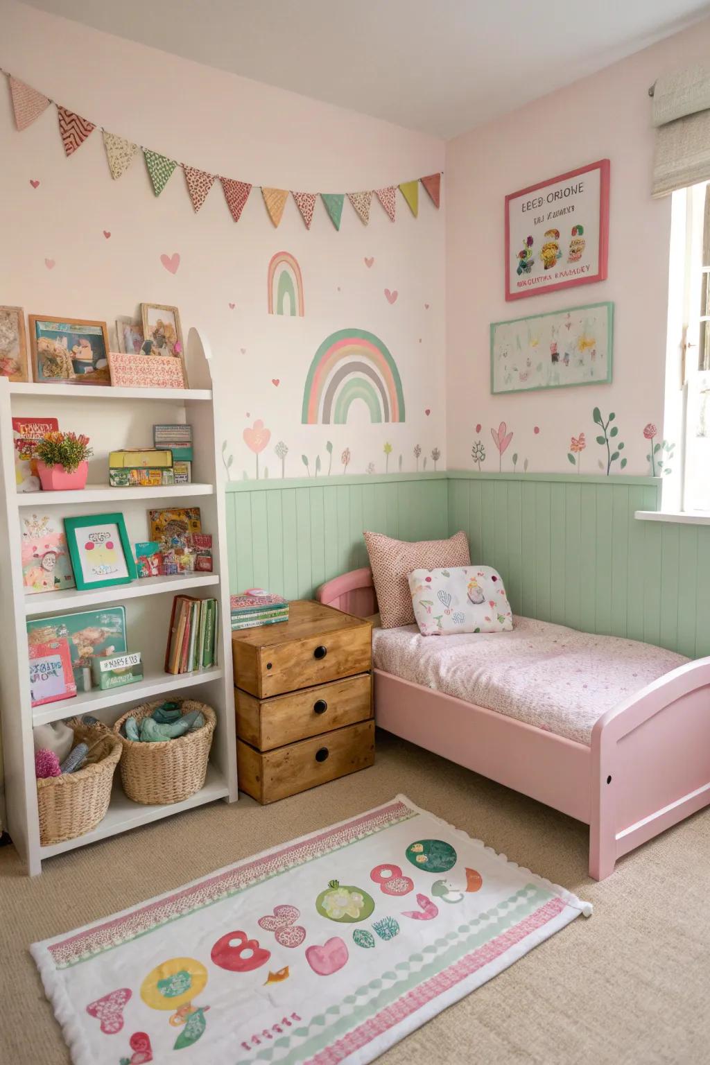 A toddler girl's room adorned in pastel hues and gentle features.