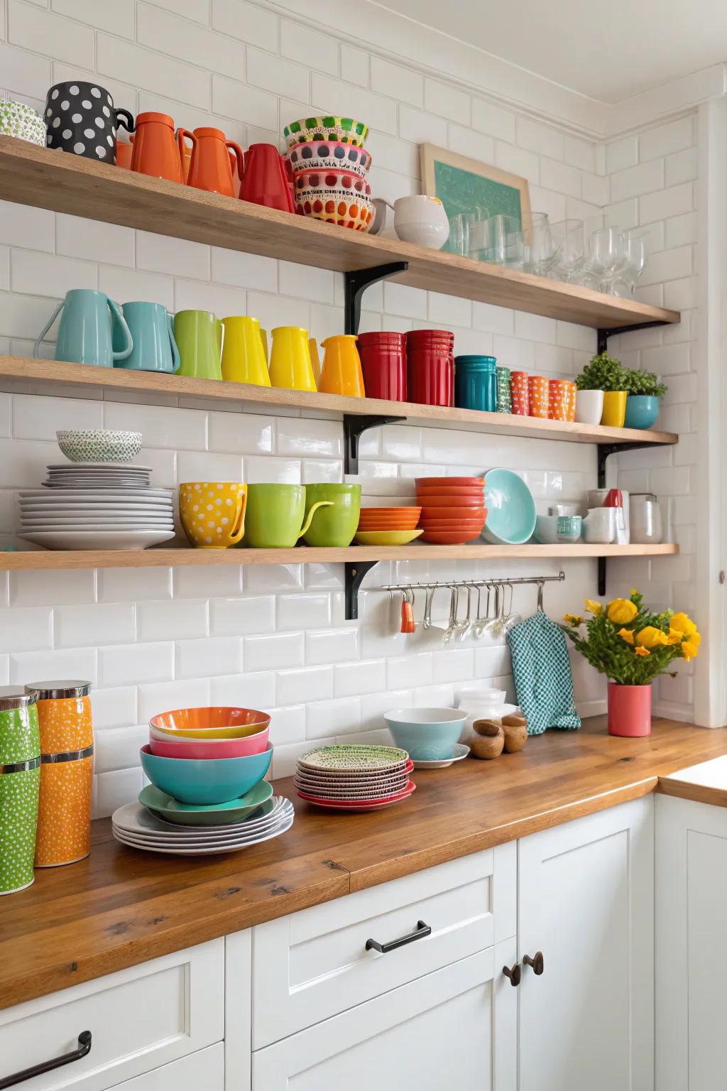 Exposed shelving imparts a bespoke touch and renders kitchen necessities readily accessible.