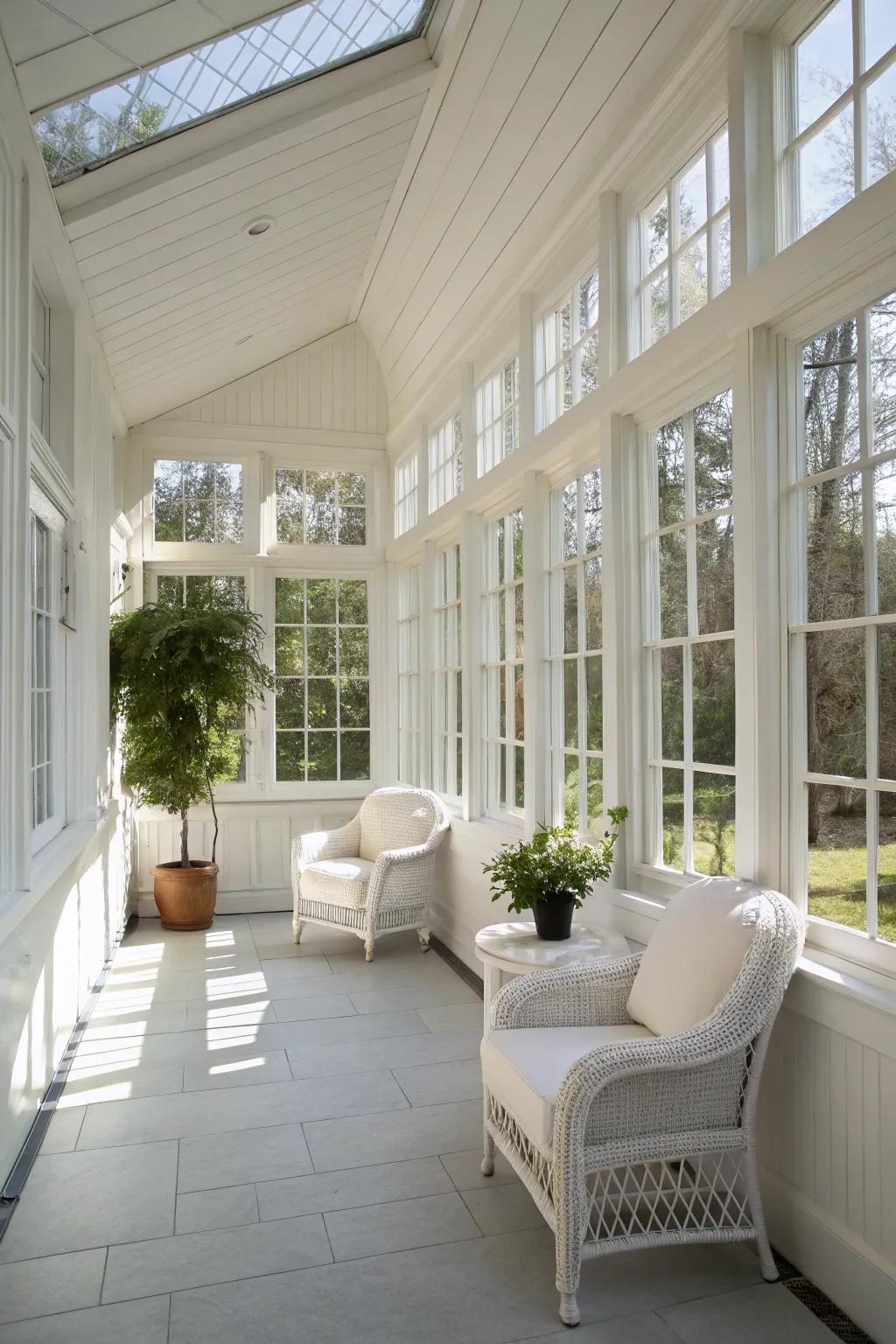 A sunroom adorned in classic white, amplifying natural light and crafting a pristine, open atmosphere.